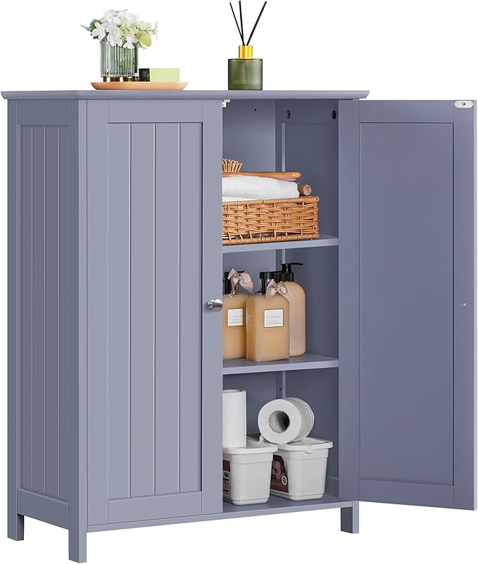 Yaheetech Bathroom Floor Cabinet, Modern Storage Freestanding Organizer Cabinet with Adjustable Shelves & Double Doors, 3-Tier Home Living Room Furniture, Gray