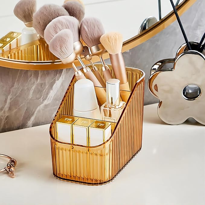 DASITON Large Capacity Makeup Brush Holder,3 Slot Makeup Brush Cup,Vintage striped Make Up Brush Holder,for Vanity Decor,Bathroom Countertops,Desk Storage Container,Cosmetic Display cases(Amber-S)