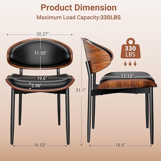 Dining Chairs Set of 6, Dining Room and Kitchen Chairs, Mid Century Modern Retro Chair, Upholstered PU Leather Chairs for Vanity with Walnut Bentwood and Metal Legs (Black)