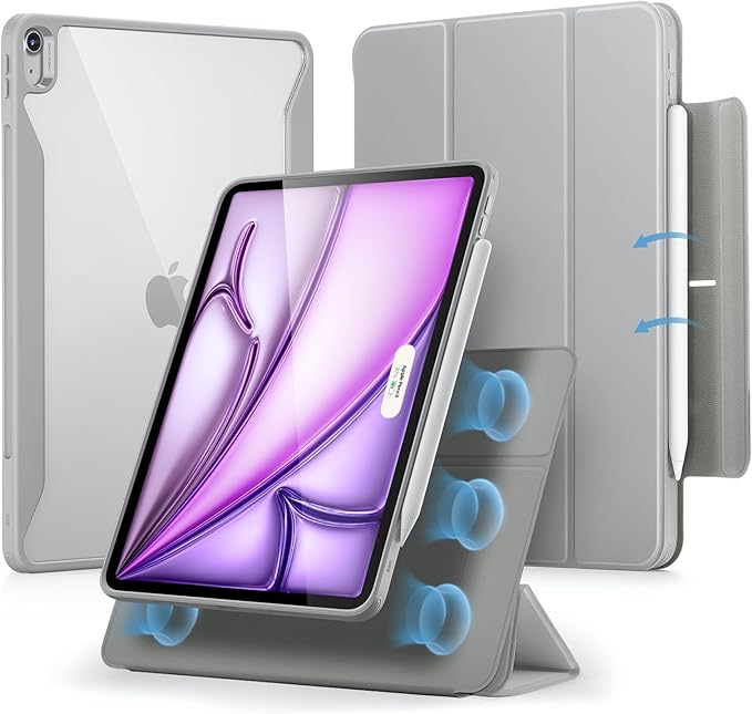 ESR for iPad Air 13 Inch Case M4/M3/M2 (2026/2025/2024) with Pencil Holder, Removable Magnetic Cover, Vertical Stand, Fully Supports Pencil Pro and Pencil(USB-C), Rebound 360 Series, Grey