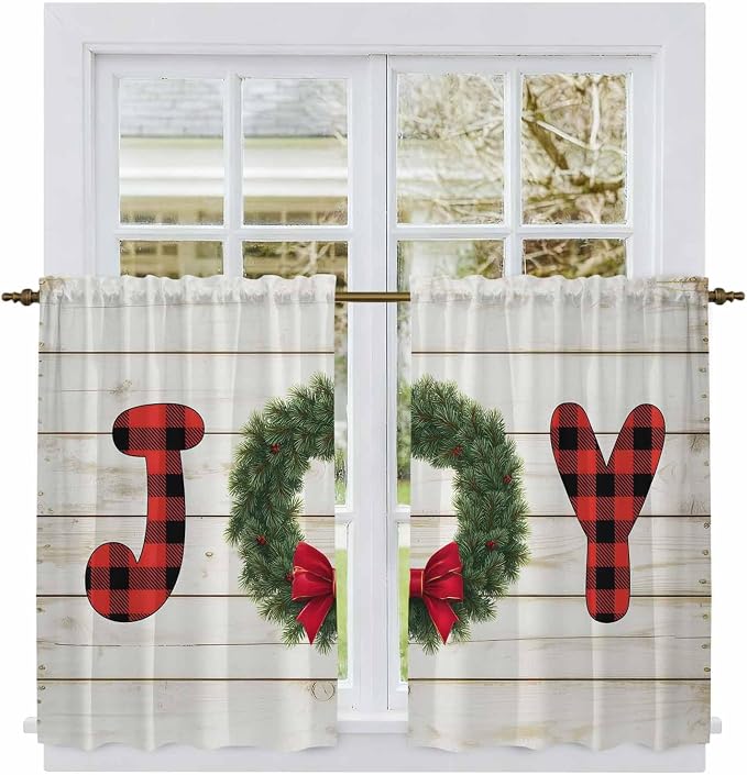 Christmas Wreaths Kitchen Curtains 45 Inch Long 2 Panel Set, Rod Pocket Window