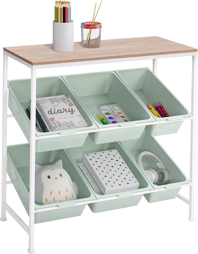 Seville Classics Utility Organizer Storage Cart, for Home Office, School, Classroom, Scrapbook, Hobby, Craft, 6 Bin, White/Green