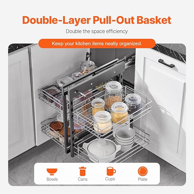 VEVOR Min 15" W Opening Blind Corner Pull Out Organizer, 2 Tier 4 Shelf Kitchen Cabinet Organizer, Chrome Carbon Steel Storage Basket, Slide Out Storage Organizer, Left & Right Open Compatible