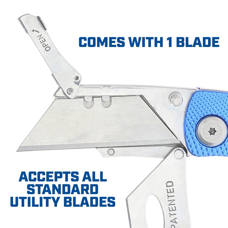 Sheffield Folding Utility Knife, Accepts Standard Utility Knife Blades, Box Cutter Aluminum Handle, Razor Blades Included, For Home, Office, Trades, and Warehouse