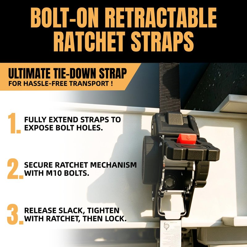 Renegrip Retractable Ratchet Straps Heavy Duty Tie Down 1''*12ft Breaking Strength 1760LBS Cargo Securing System,for Motorcycle,UTV,ATV,Trailer(Black,4Pack)