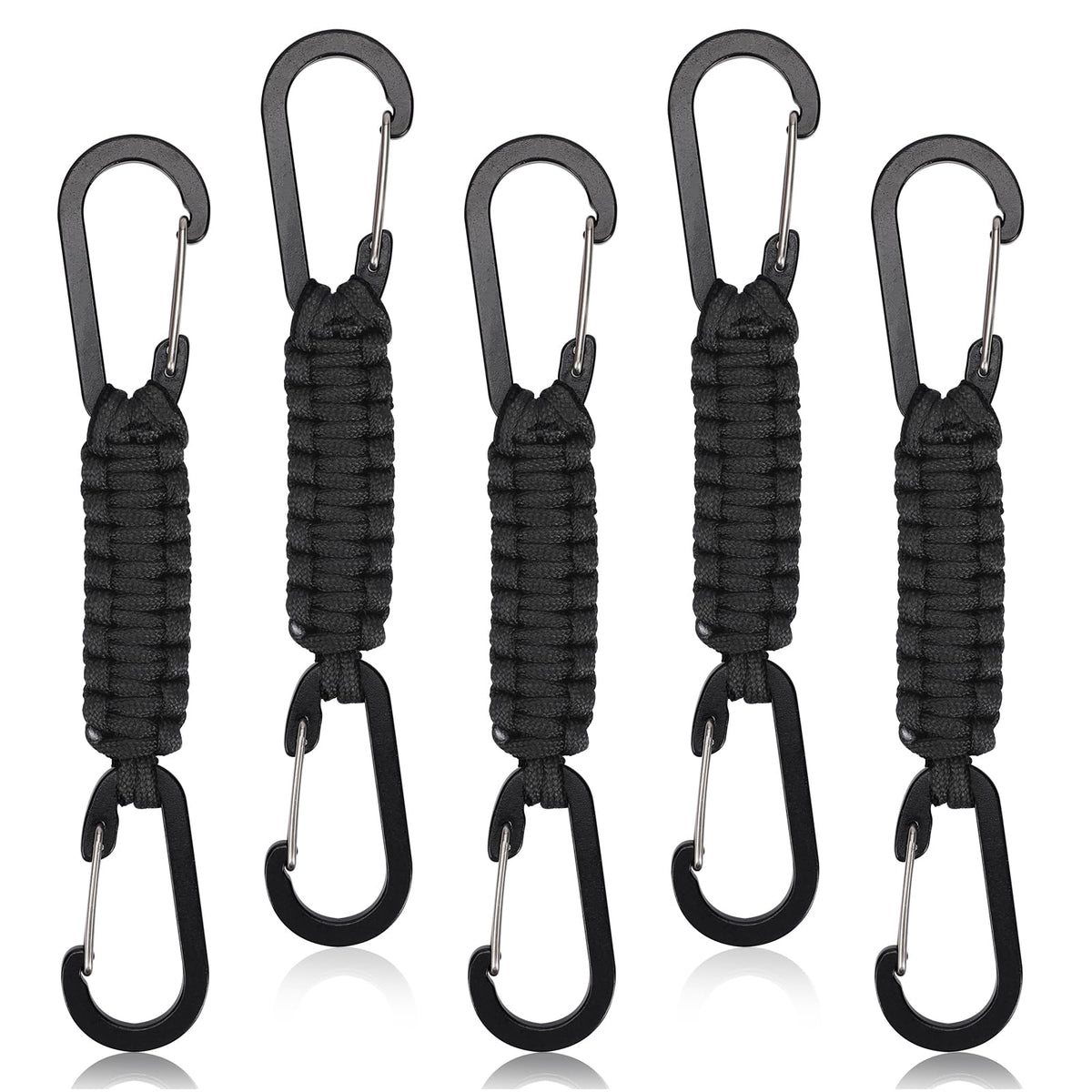 Xelsluthe 5 Pieces Paracord Keychain, Heavy Duty Paracord Keychain Carabiner Clip Braided Lanyard Key Chain for Water Bottle Keys Backpack Tools Camping Hiking Clip Men Women Black