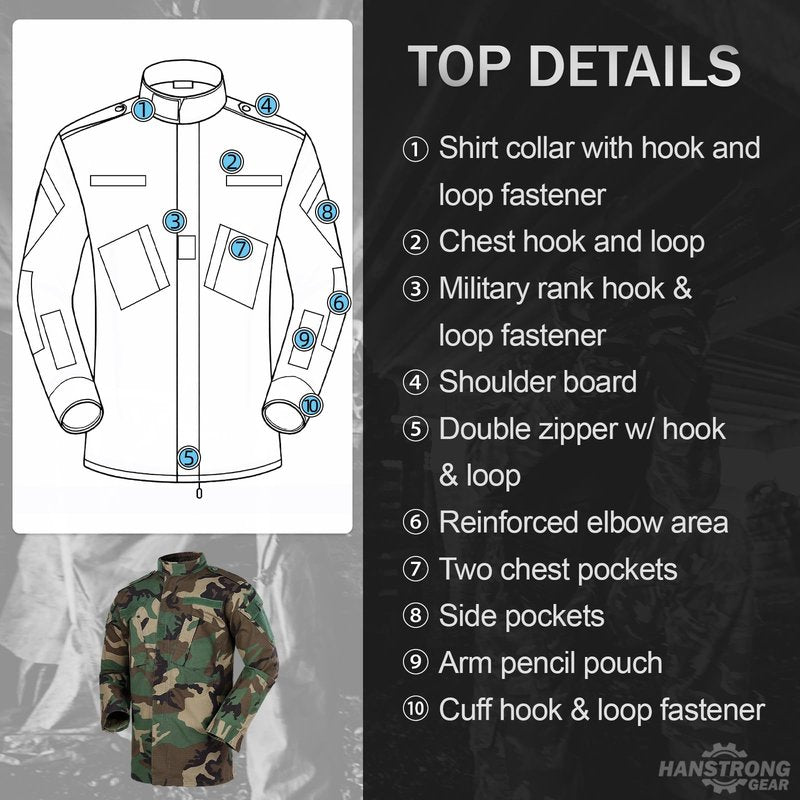 Men Tactical BDU Combat Uniform Jacket Shirt & Pants Suit for Army Military Airsoft Paintball Hunting Shooting War Game Woodland
