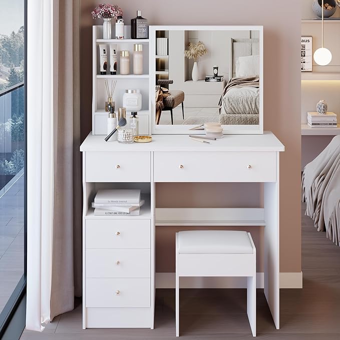 37" Vanity Desk with Mirror, Makeup Table with Sliding Mirror, Dressing Table with Multi Layer High Capacity Storage, Vanity Set with 6 Drawers and Stool for Bedroom, White