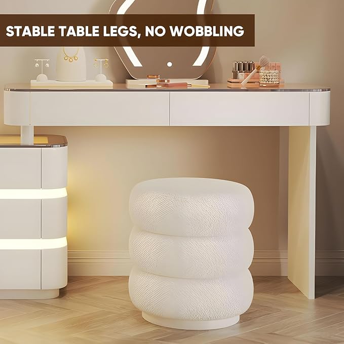 Vanity Set - Solid Wood Vanities Desk with LED Smart Mirror and Drawers, Modern Vanity Table with Glass Countertop and Makeup Stool, Vanities for Bedroom, Gifts for Her (Khaki)