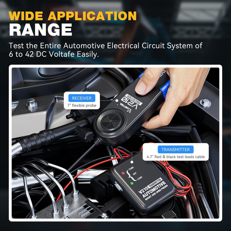 VDIAGTOOL V210 Wire Tracer Electrical Tester Automotive Open & Short Finder Circuit Tester, Circuit Breaker Finder, Broken Wire Detector Tool DC 6-42V with 7" Flexible Probe