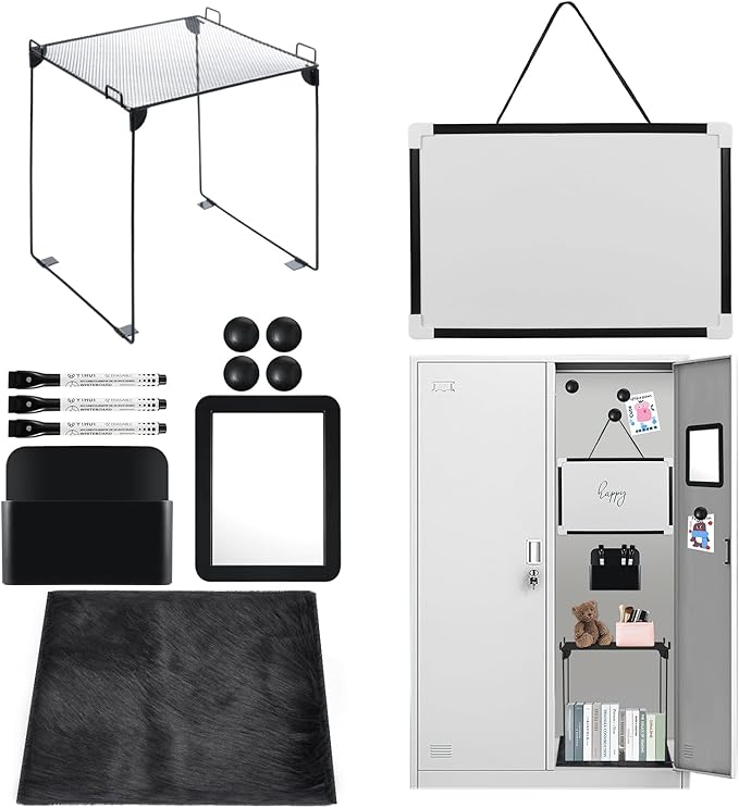 12 Pcs Locker Organizer and Decorating Kit, First Day of School Essentials for Girl Marble Print Whiteboard with Markers Locker Shelf Plush Area Rug String Light Mirror Magnetic Cup and Magnet (Black)