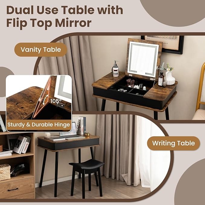 CHARMAID Vanity Desk with 3-Color Lighted Flip Top Mirror, 7 Storage Compartments, Side Organizers, USB Port, Makeup Dressing Table Set Writing Desk with Cushioned Stool, Easy Assembly, Rustic Brown