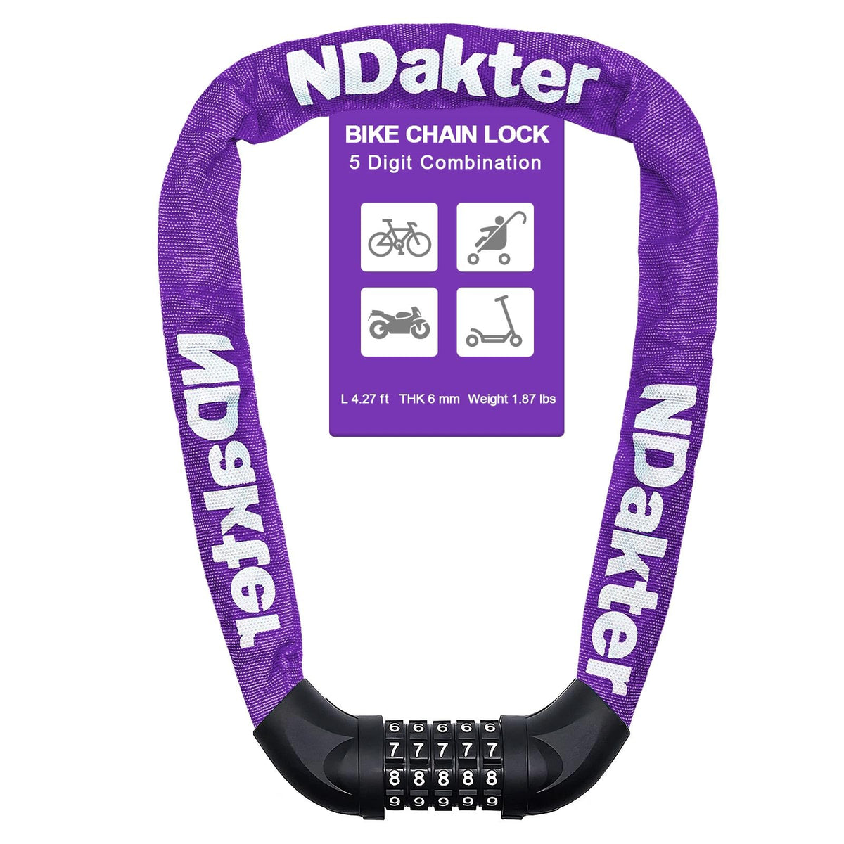 NDakter Bike Chain Lock, 5 Digit Combination Heavy Duty Anti Theft Bicycle Chain Lock,2.62/3.2/4.27/5/6Ft Long Security Resettable Bike Locks for Bike, Bicycle, Scooter, Door, Gate, Fence-4/6mm Thick