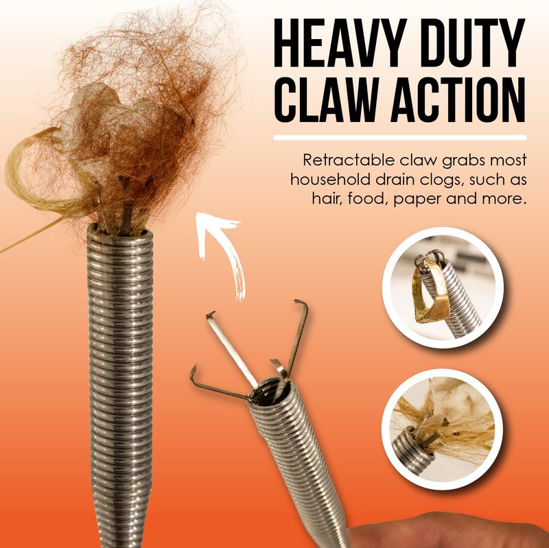 Pistol Grip Grabber Claw, Drain Clog Pickup Snake, Remove Hair and Clogs from Sink, Shower, Tub, Toilet Drains, 2-Ft