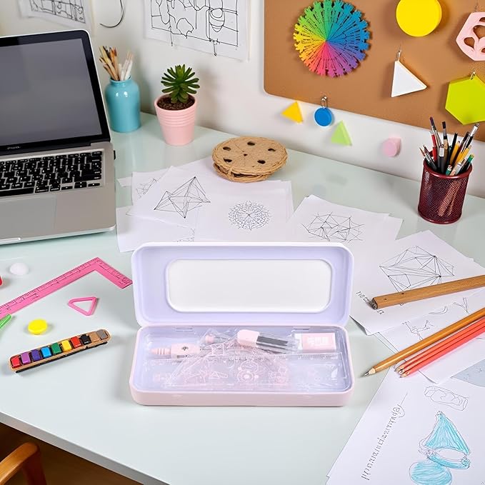 7Pcs Pink Geometry Math Drawing Set with Compass, Protractor, Rulers, Drafting Tools in Portable Box for Students