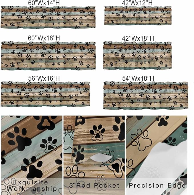 Dog Paws Valances for Windows, Teal Brown Wood Grain Kitchen Valance Light
