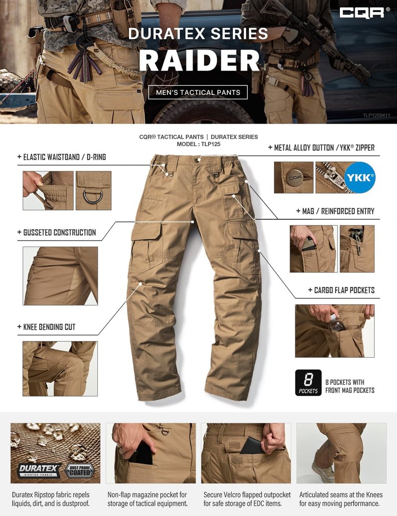 CQR Men's Tactical Pants, Water Resistant Ripstop Cargo Pants, Lightweight EDC Work Hiking Pants, Outdoor Apparel, Raider Mag Cougar, 44W x 30L
