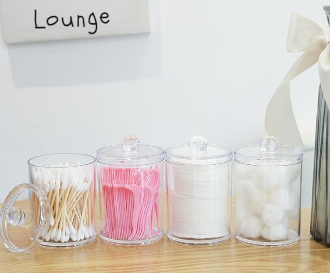 4 Pack Acrylic Qtip Holder Dispenser,Canisters Apothecary Jar Set, Vanity Makeup Storage Organizer Set,10 oz
