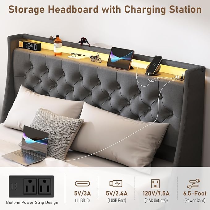 SADENICEL Queen Bed Frame with Storage Headboard and 4 Drawer, Metal Platform Bed Frame Queen Size with LED Light, Charging Station, No Box Spring Needed, Noise Free, Easy Assembly, Grey