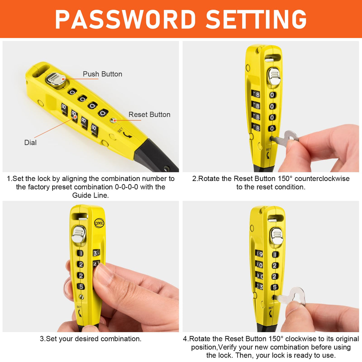 CXWXC Zip Tie Lock - 4-Digit Combo Cable Locks for Bike Motorcycle Helmet, Skateboard, Skis, Snowboard, Stroller & Cabinet - Ideal for Lightweight Security (Yellow, 70CM)