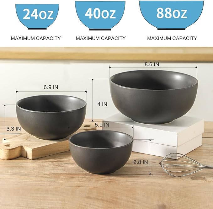 Tikoore Mixing Bowls,Ceramic Bowls for Kitchen,Black Mixing Bowls Set for Baking,Serving,Nesting Bowls for Kitchen Cooking,Salad,Microwave Oven and Dishwasher Safe,24/40/88 oz,Set of 3,Matte Black