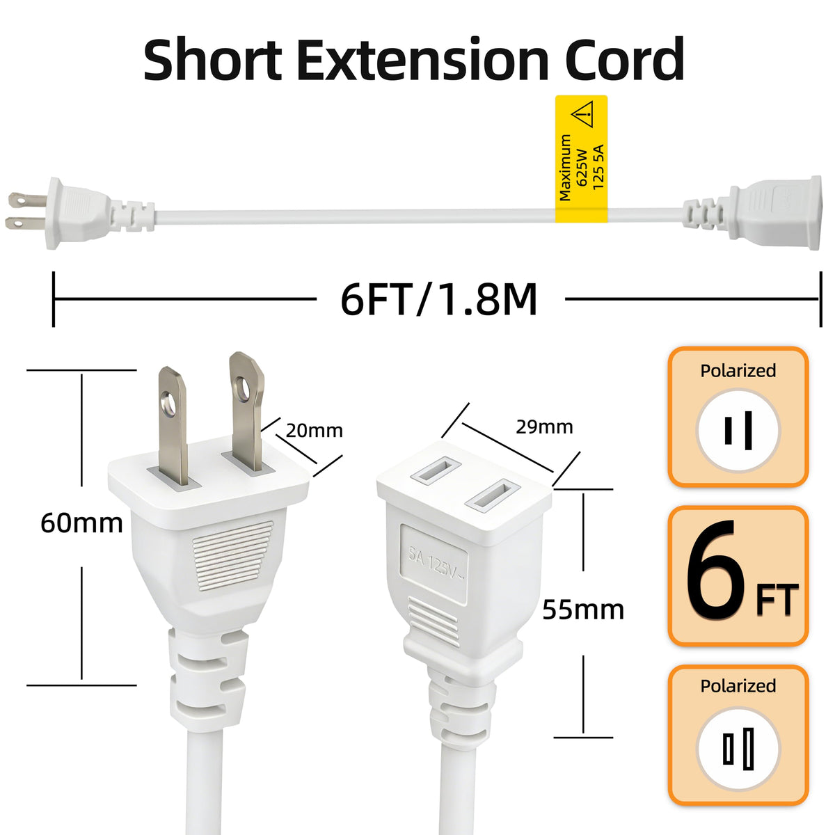 6FT Short Thin Extension Cord Indoor, White, 2 Prong, 5A 125V 625W (1Pack)