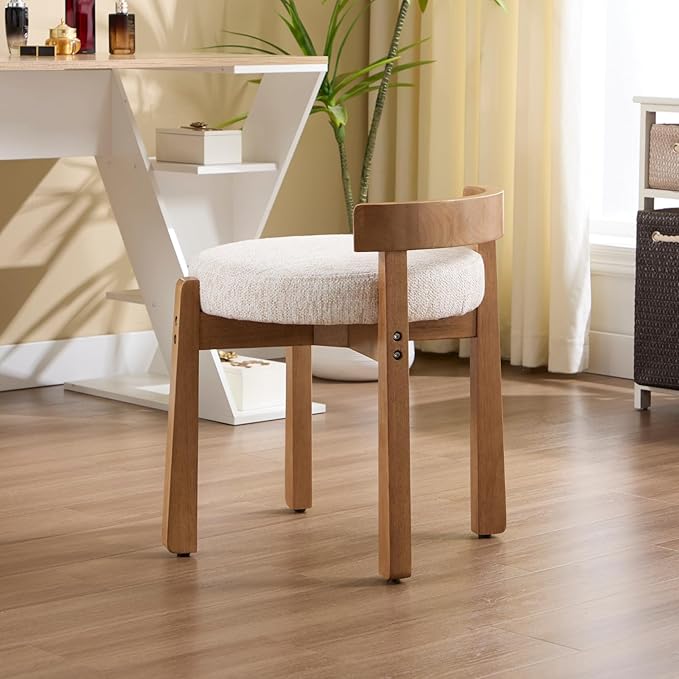 DUOMAY Modern Chenille Vanity Stools Set of 2, Upholstered Low Back Ottomans with Solid Wood Legs Cute Round Footrest Makeup Stools Dressing Seat for Living Room Bedroom, Beige