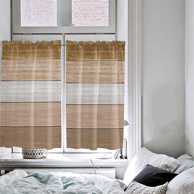 Retro Farm Wood Board Window Valance Curtains, 2 Panel