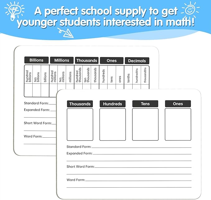 Place Value Board 9" x 12" Double Sided Dry Erase Boards for Students for Teaching Place Values from Billions to Decimal Numbers Math Manipulative Lapboard for Home School and Classroom