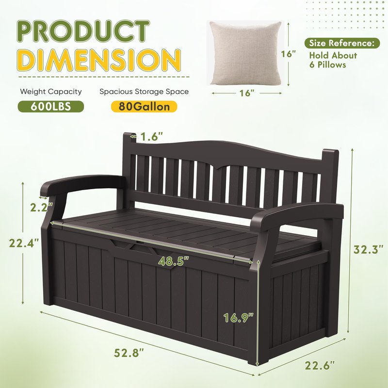 Greesum 80 Gallon Storage Bench Outdoor Deck Box with Armrest, Patio Furniture,Lockable, Waterproof and UV Resistant, Suitable for Garden, Pool, Brown