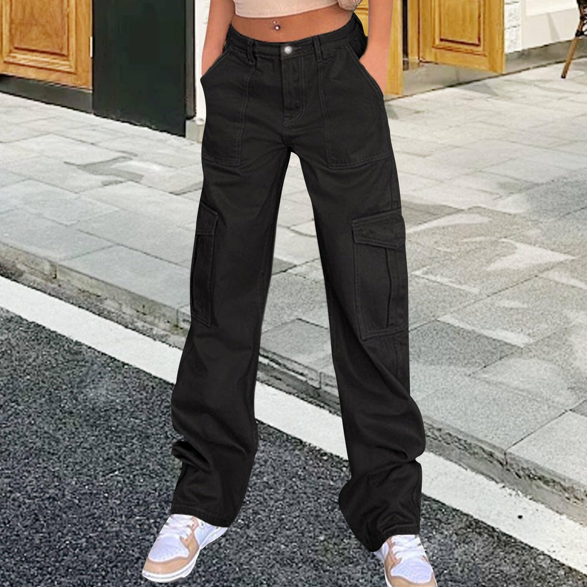 Zhyaj Women's Baggy Zipper Lounge Pants Ladies Relaxed Fit High Waisted Basic Solid Wide Leg Cargo Pant Summer Oversized Casual Lightweight Hiking Trousers with Multi Pocket,Black, XL