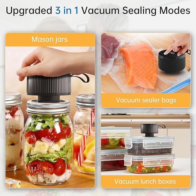 Electric Mason Jar Vacuum Sealer Kit, 3-in-1 Handheld Jar Sealer, Black