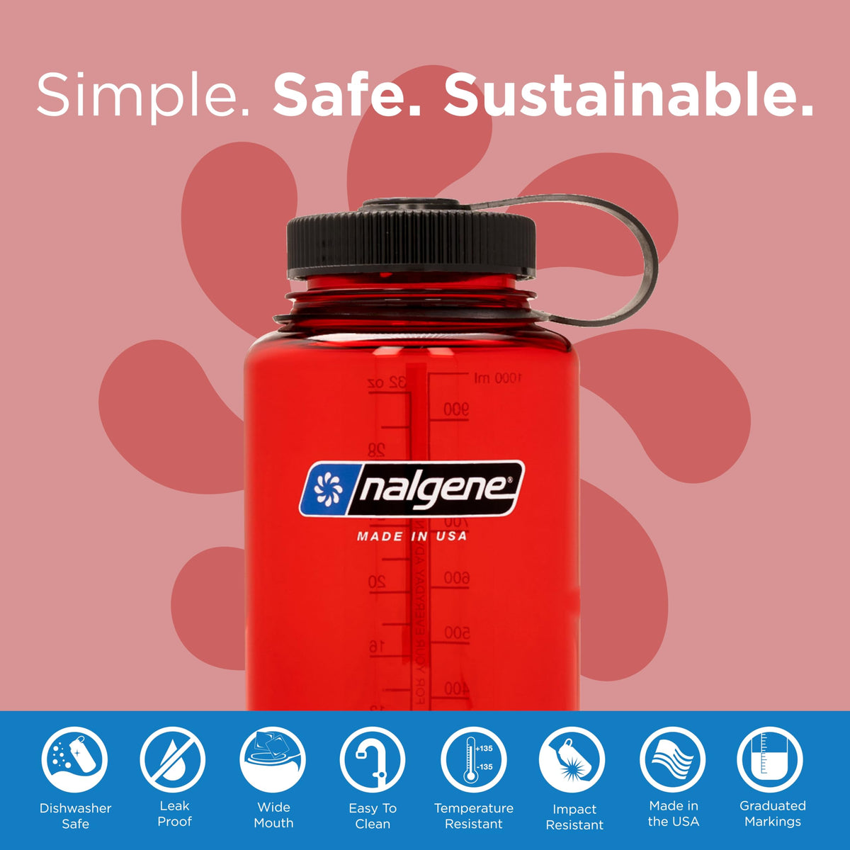 Nalgene Sustain Tritan BPA-Free Water Bottle Made with Material Derived from 50% Plastic Waste (using ISCC certified mass balance), 32 OZ, Wide Mouth, Red (Pack of 6)