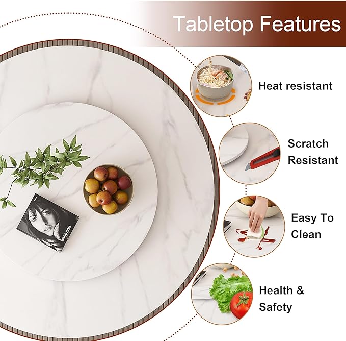 53" Round Modern Marble Dining Table with Lazy Susan, Sintered Stone Top for Kitchen, Dining Room, Dinette, Space Saving Design