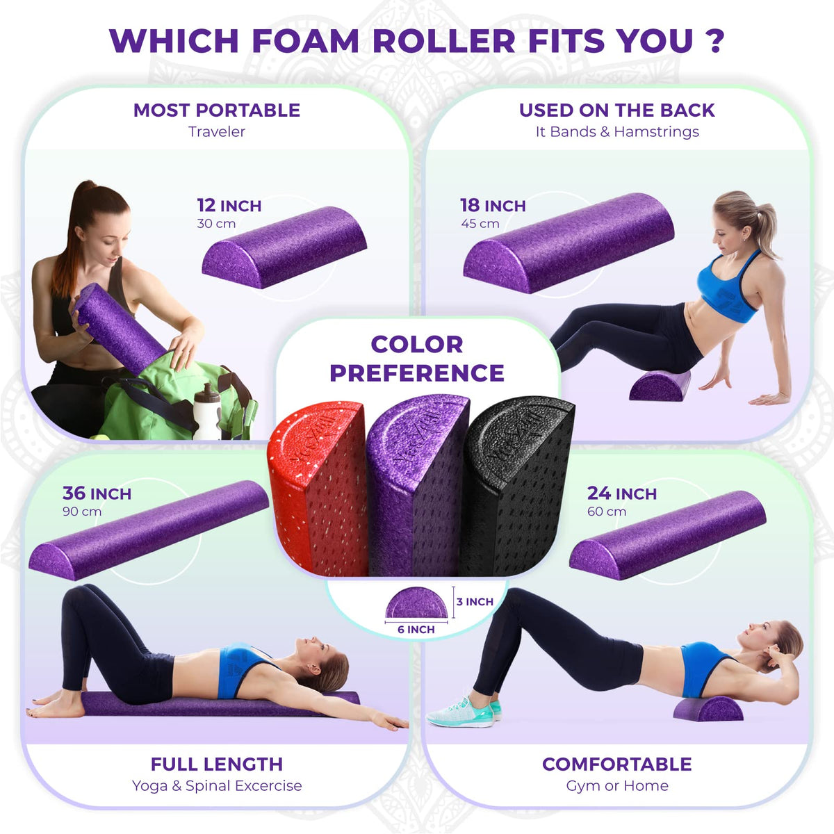 Yes4All Half Foam Roller, EPP High-Density Material, High Firmness Level, Back Roller for Athlete & Professional, Suitable for Back, Stretching, & Pilates, 12/18/24/36 inch, Purple, 12 inch
