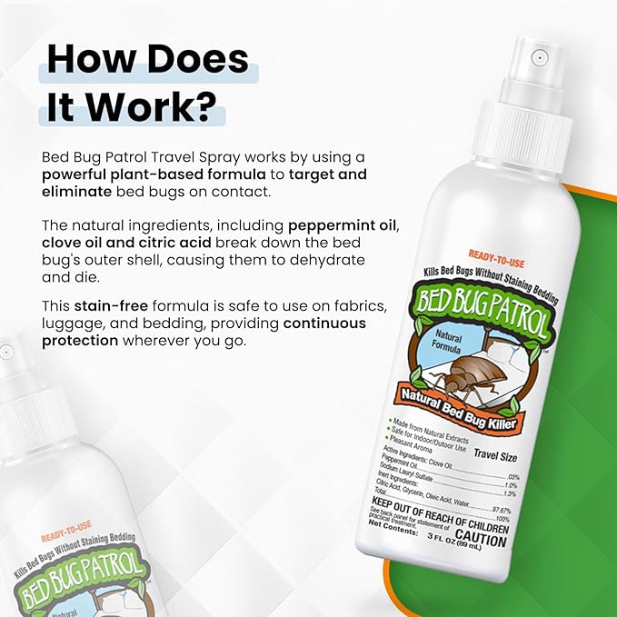 TSA Approved Bed Bug Spray 3oz – Natural Plant-Based Killer for Luggage, Travel, Hotels, Airbnb, Cars & Buses – Safe for Children & Pets – Compact On-The-Go Use – Bed Bug Patrol