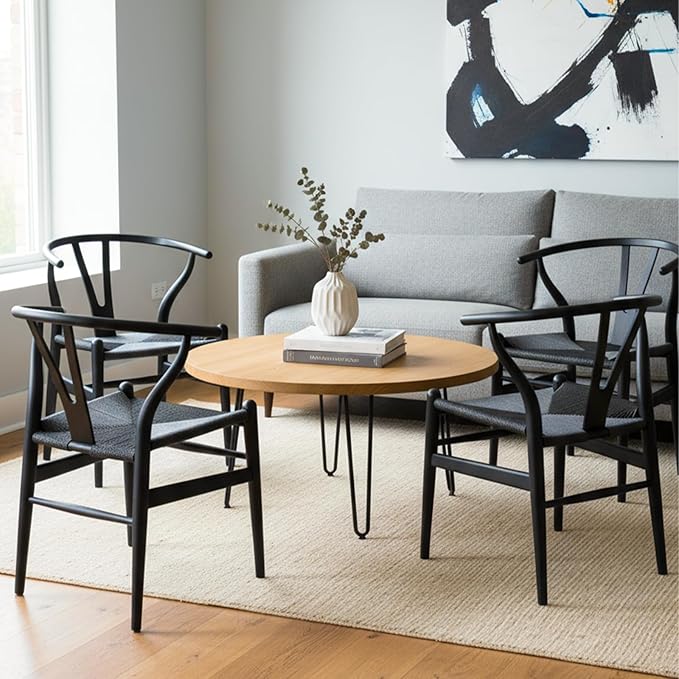 Wishbone Chair Natural Solid Wood Dining Chair/Hans Vegner Y Chair Rattan and Wood Accent Armrest Chairs Set of 4 (Ash Wood - Black)