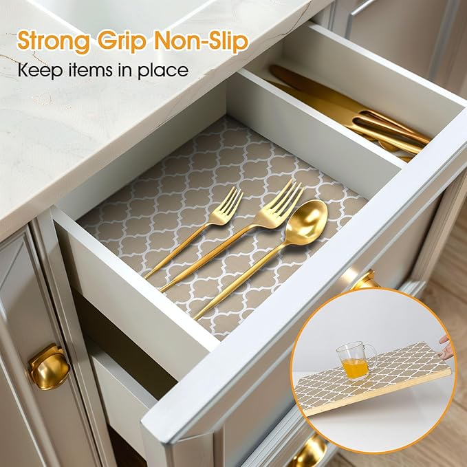 Shelf and Drawer Liner for Kitchen Cabinets Non-Adhesive, Strong Grip Non-Slip Thickened Cabinet Liners for Shelves, Waterproof Mats for Dresser Cupboard, Beige, 23 in x 10 Feet
