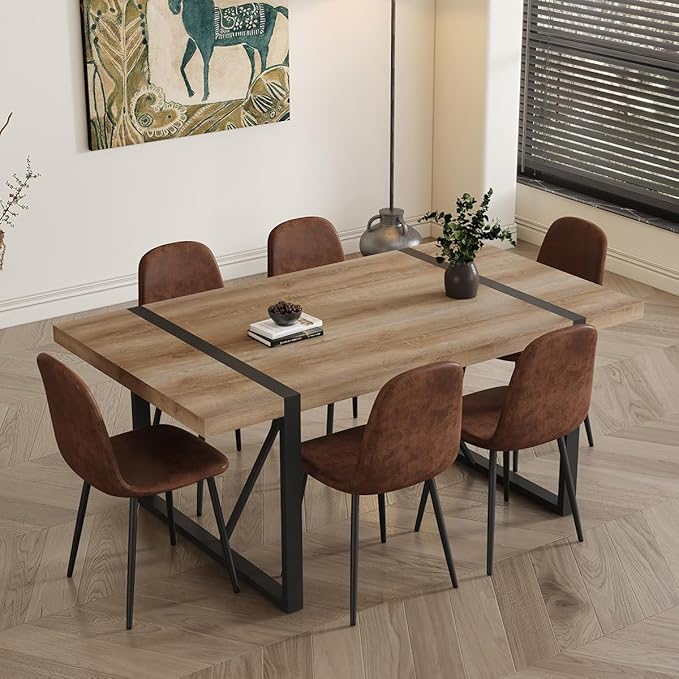 7 Piece Dining Table Set，Dinner Table Set for 6，71'' Kitchen Table and Suede Nap Fabic Chairs Set of 6，6 Chair Dining Table Set for Kitchen Dining Room