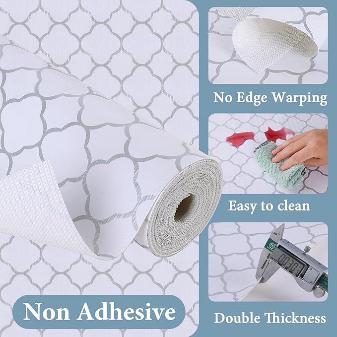 Shelf Drawer Liners for Kitchen Cabinets Non Adhesive Drawer Liner Thickened Refrigerator Liner Silver Quatrefoil Strong Non-Slip Paper for Tool Box with Knife and Tape Measure,11.8 x 118 Inches