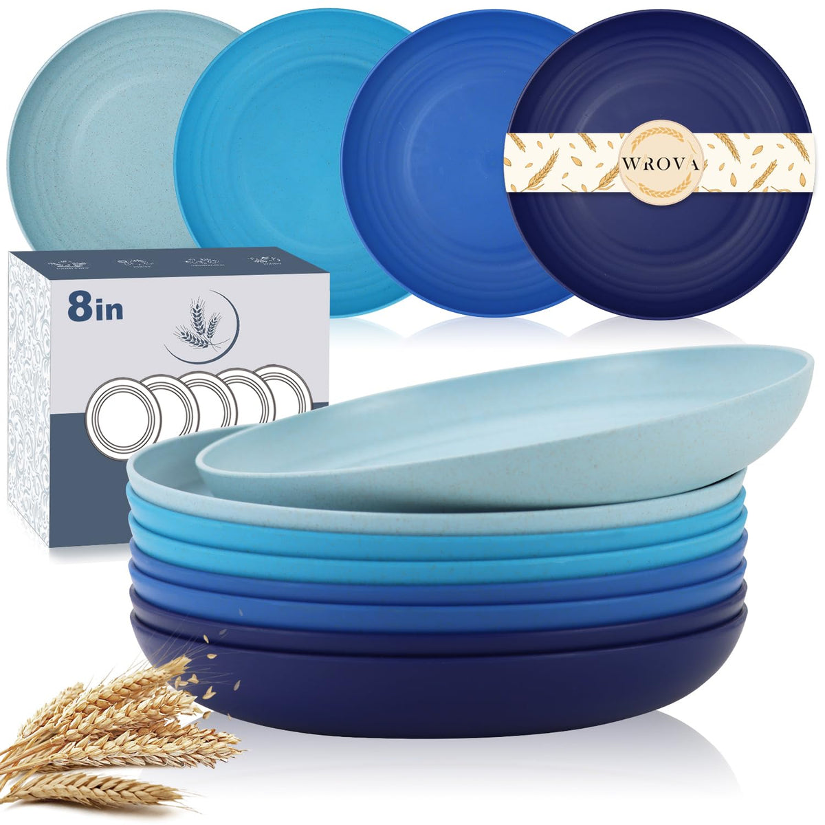 Wrova Wheat Straw Plates - 8 Inch Unbreakable Dinner Plates Set of 8 - Dishwasher & Microwave Safe Plastic Plates Reusable - Lightweight Plates for kitchen,R.V (pure black)
