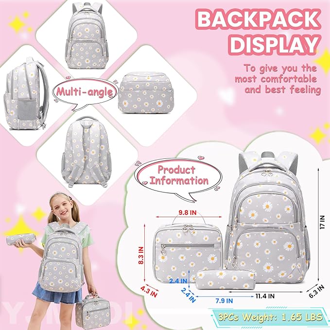 YJMKOI 3Pcs Daisy Prints Backpack for Girls Middle-School Elementary Students Bookbag Set with Lunch Box (Green)