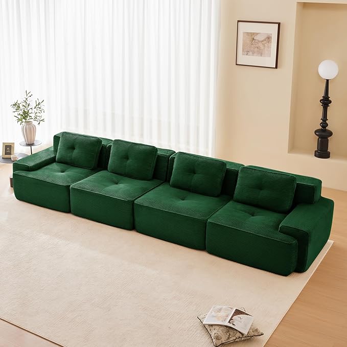 150" Modern Compressed Boneless Couch, 4 Seater Sectional Couches for Living Room, Green Corduroy Cloud Modular Sectional Sofa, Comfy Memory Foam, Extra Deep, Sofas para Sala, No Assembly