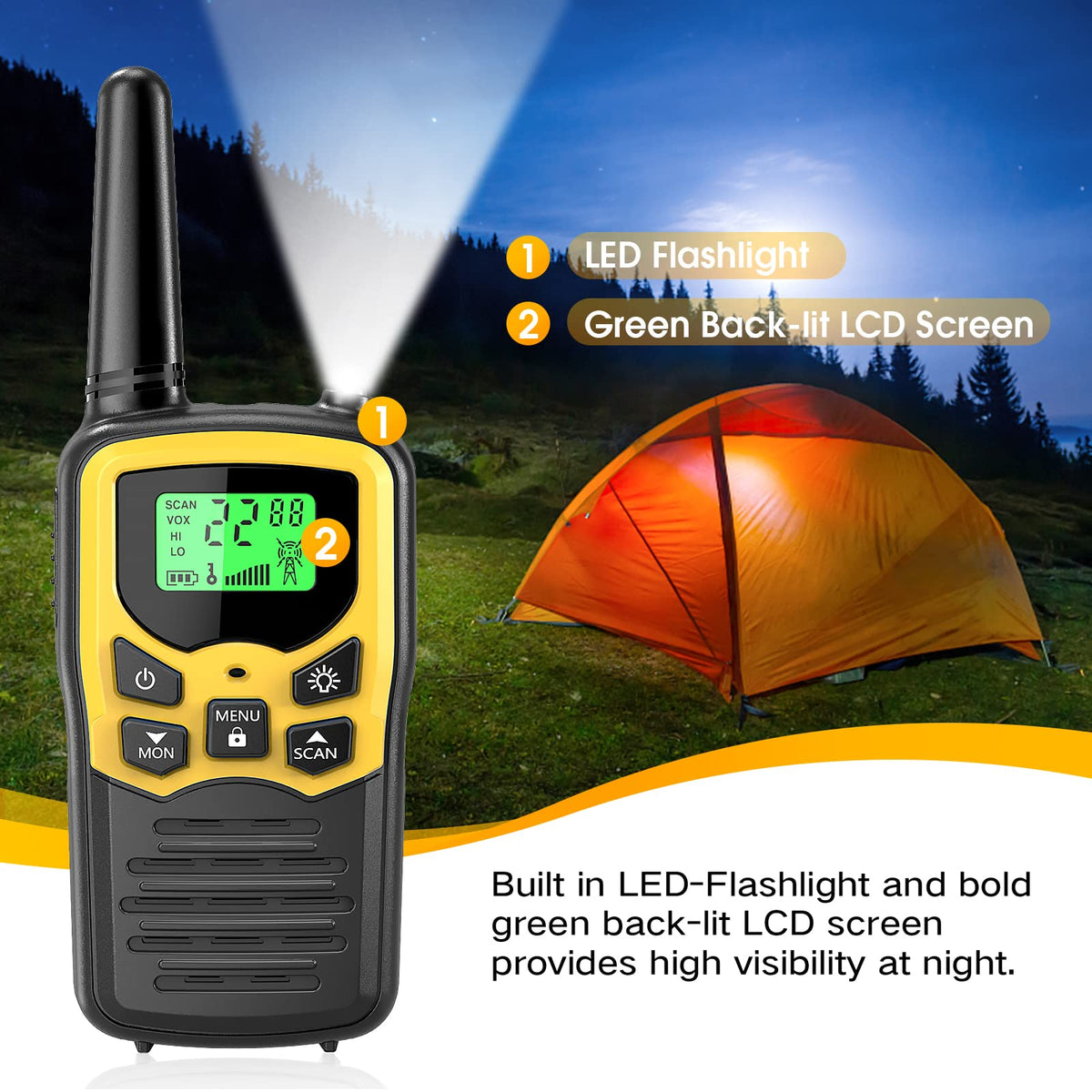 Walkie Talkies,MOICO Long Range Walkie Talkies for Adults Two-Way Radios with 22 Channels FRS VOX Scan LCD Display with LED Flashlight for Field, Survival Biking Hiking Camping 2 Pack (Yellow2)