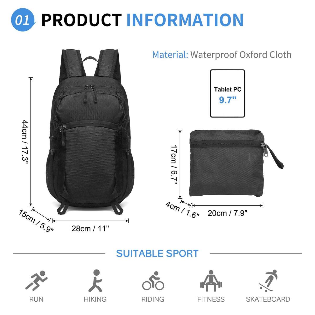 SUIKIHUM 20L Small Hiking Daypack for Women Men, Foldable Packable Backpack, Lightweight Water-Repellent Travel Daypack for Camping Outdoor, Black