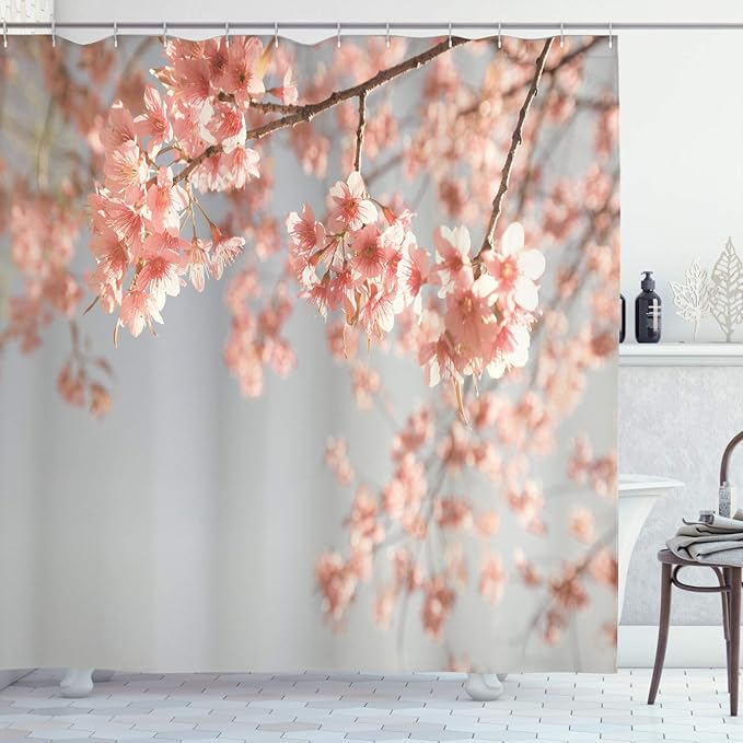 Ambesonne Peach Shower Curtain, Japanese Scenery Sakura Tree Cherry Blossom Nature Photography Coming of Spring, Cloth Fabric Bathroom Decor Set with Hooks, 69" W x 84" L, Bluegrey Coral