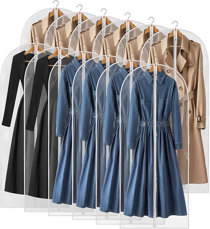 55" All Clear Garment Bags for Hanging Clothes, 12 Packs Dress Bags for Gowns, Plastic Waterproof Garment Covers with Zipper for Long Coats, Dresses, Trench (Set of 12)