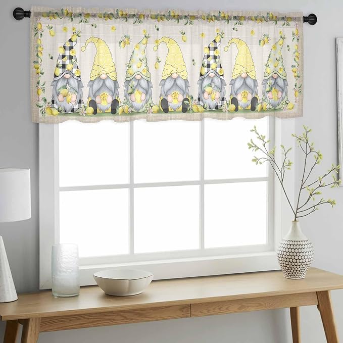 Rustic Lemon Gnomes Sheer Valance Curtains, Summer Fruit Leaves Retro Linen