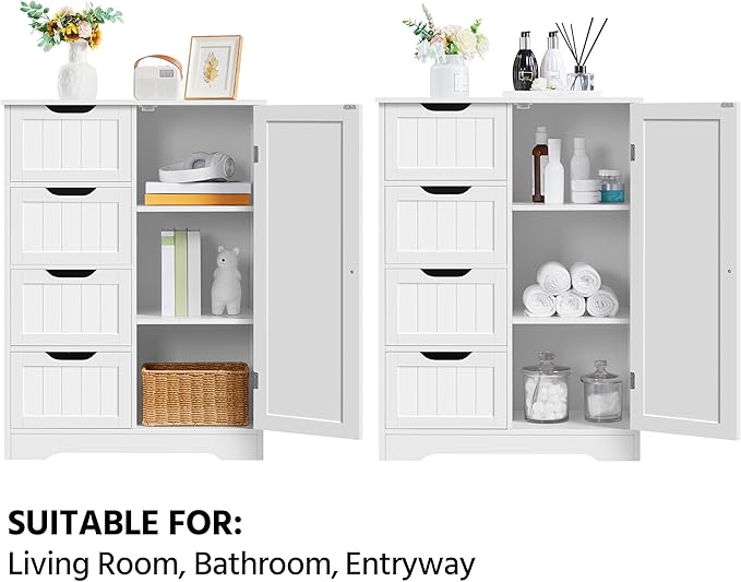 Yaheetech Large Bathroom Floor Cabinet with 4 Dawers and Single Door Cabinet, Freestanding Storage Cabinet for Living Room Kitchen Hallway, White