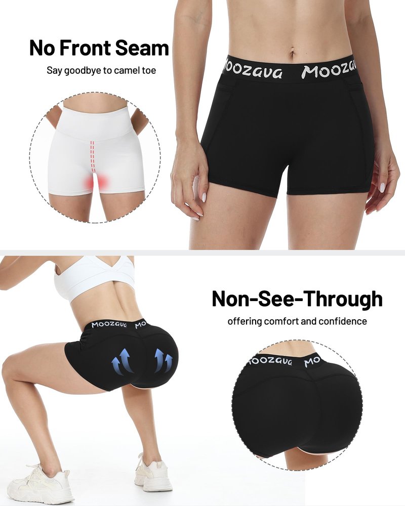 Moozava Womens Spandex Shorts Volleyball Biker Yoga Workout Gym Running Athletic Cheer Booty No Front Seam Compression with Pockets 3" Black S